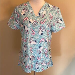 Peanuts Light Blue Cartoon Scrub Top